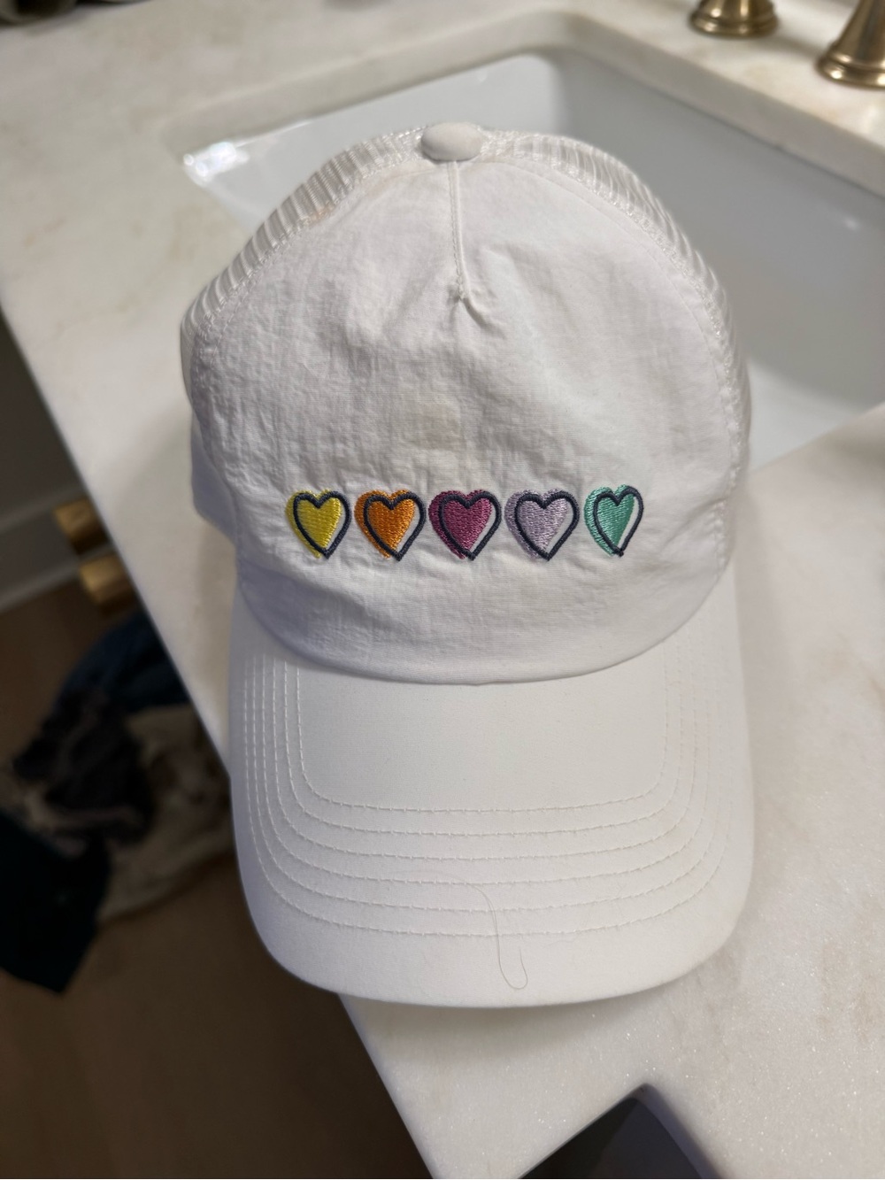 Roller Rabbit White Cap with Rainbow Heart Embroidery